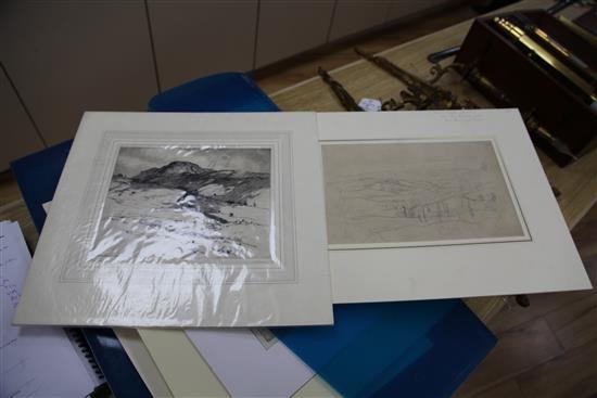 Folio of drawings and prints including etchings by Seymour Hardy and Frank Short and drawings by John Linnell and Charles Cundall